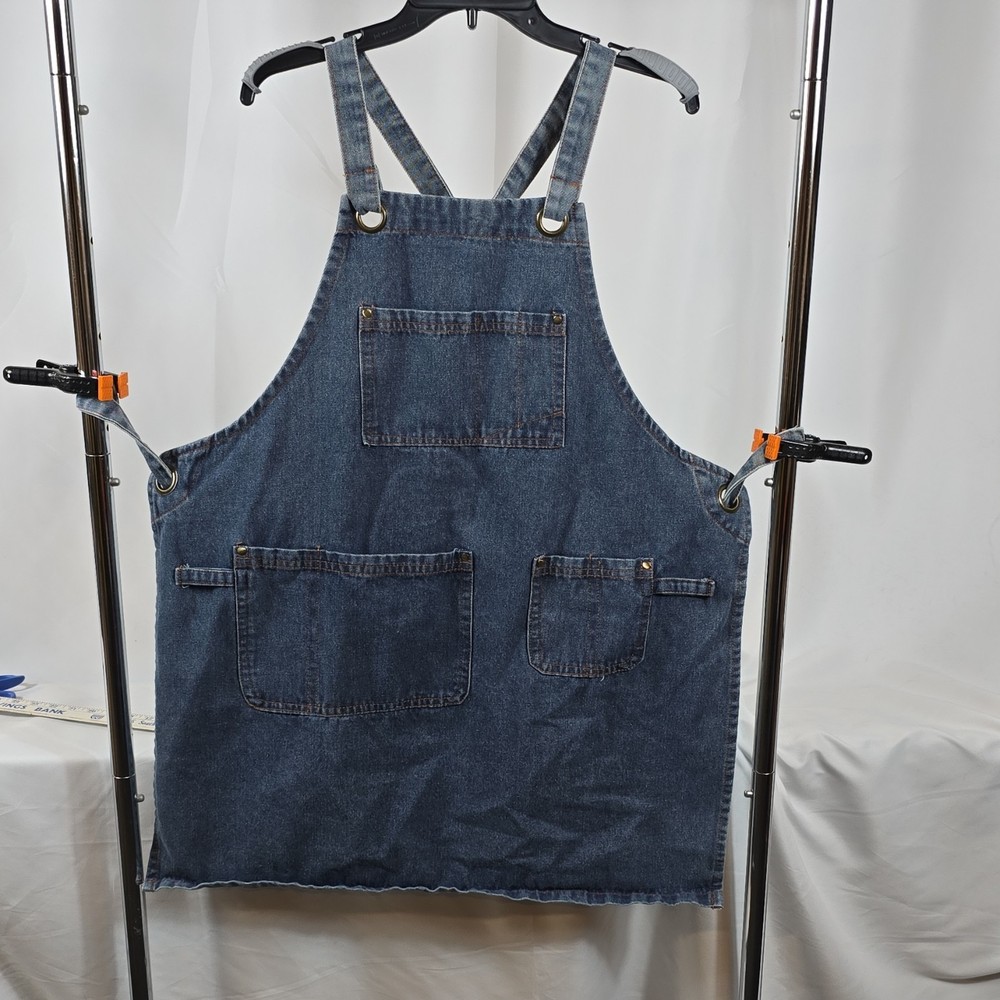 Blue Denim Work Apron Solid Pattern Multiple Pockets Adjustable Straps Unisex