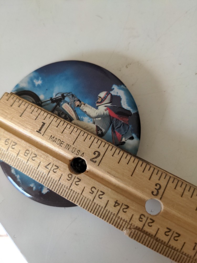 Evel Knievel Button Pin 2.5” on Motorcycle with Cape Flying