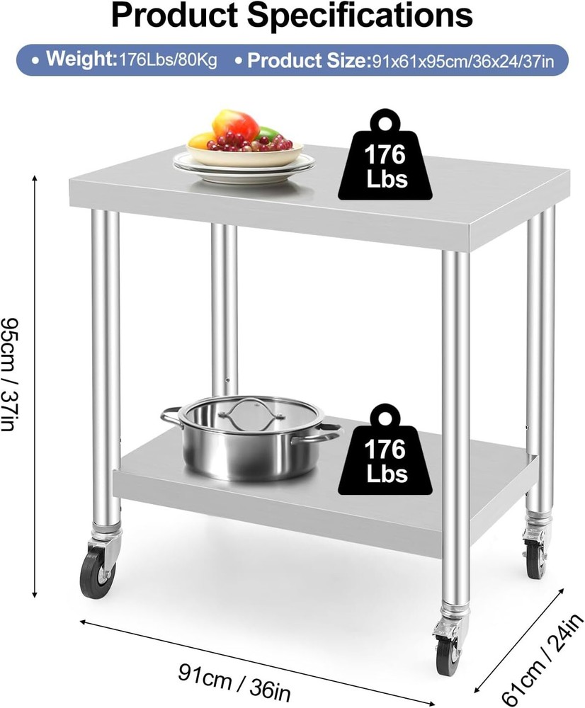 36"x24" Stainless Steel Food Prep Table Work Table Adjustable Undershel w/Caster
