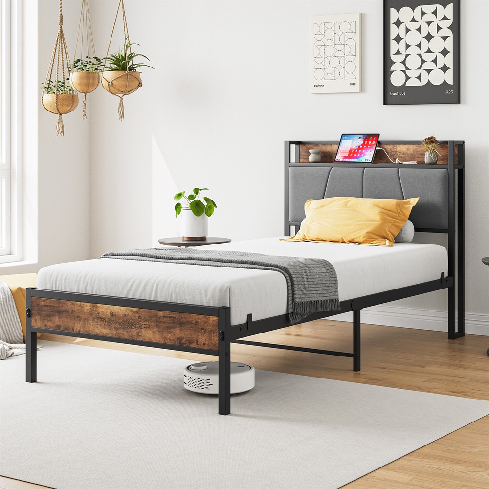 Twin/Full/Queen Size Bed Frame Metal Platform Bed Frame w/ Storage Headboard