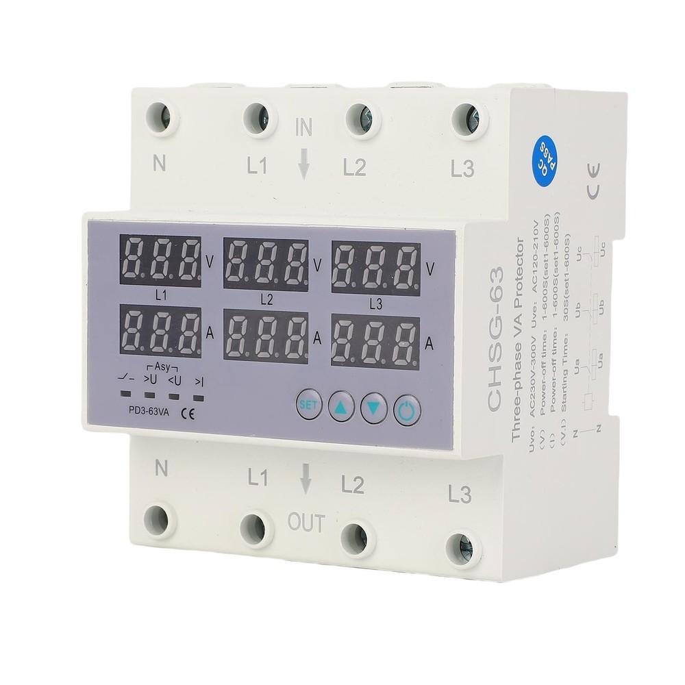 3 Phase DIN Rail Voltmeter Ammeter Auto Overvoltage Overcurrent Protector AC230