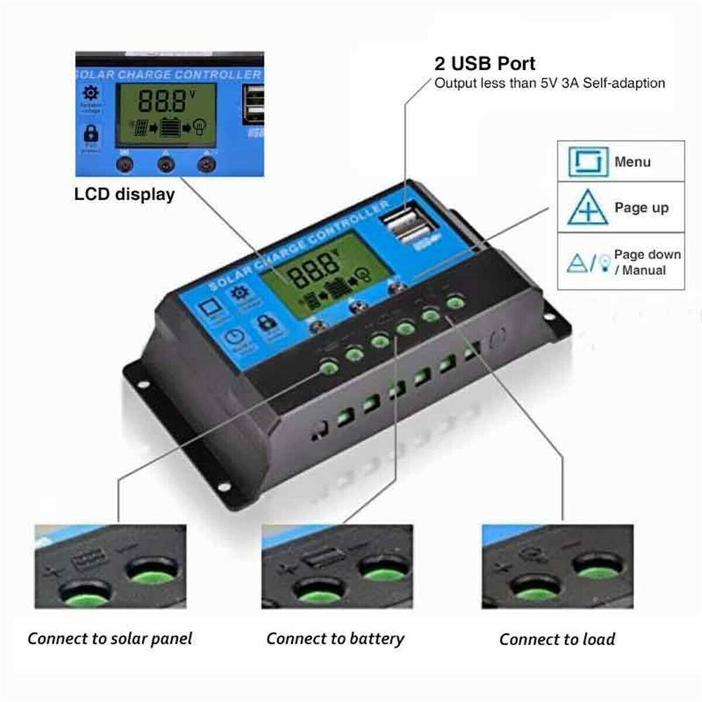 20A LCD Solar Panel Battery Regulator Charge Controller Dual USB Port 12V/24V