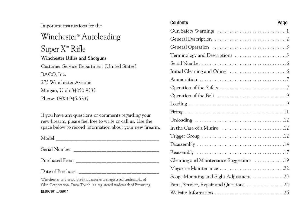 WINCHESTER SUPER X Rifle Autoloader Owners Instruction Manual