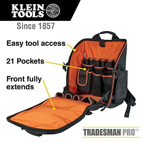 Klein Tools 55482 Tool Bag Backpack, Tradesman Pro Tool Organizer w/ 21 Pockets