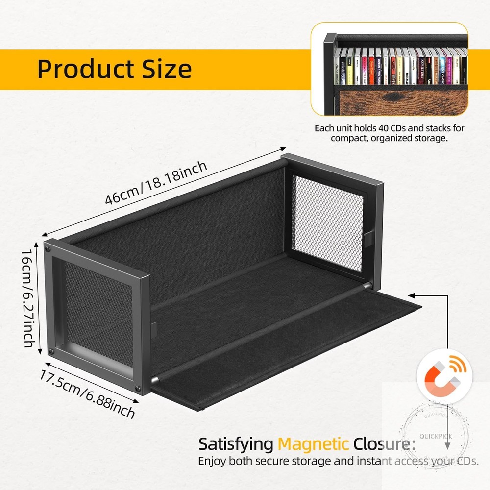 2-Tier CD Holder with Fabric Wood Grain Texture, Stackable CD Storage Case and