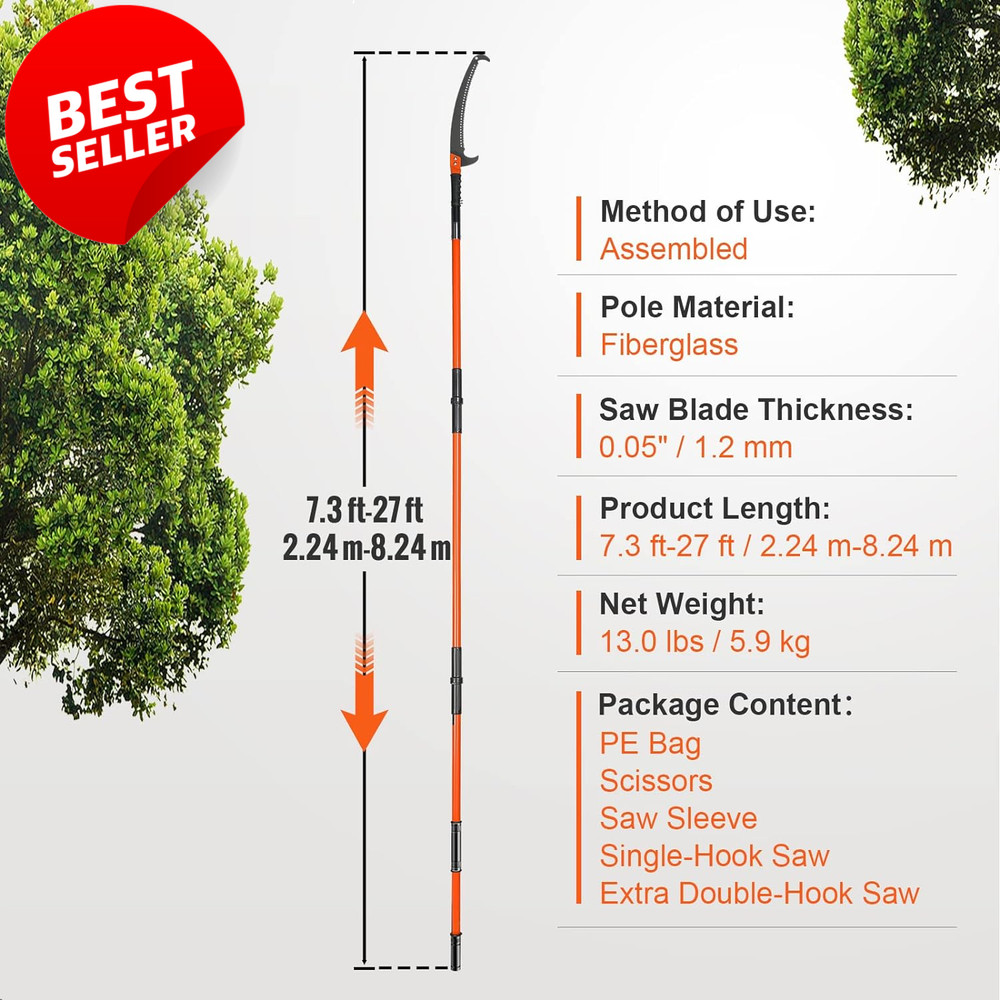 Manual Pole Saw 7.3-27ft Extendable Tree Pruner Sharp Blade Fiberglass Handle US