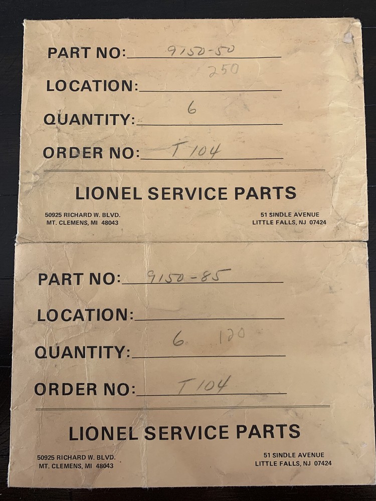 Vintage Lionel Service Parts Envelopes
