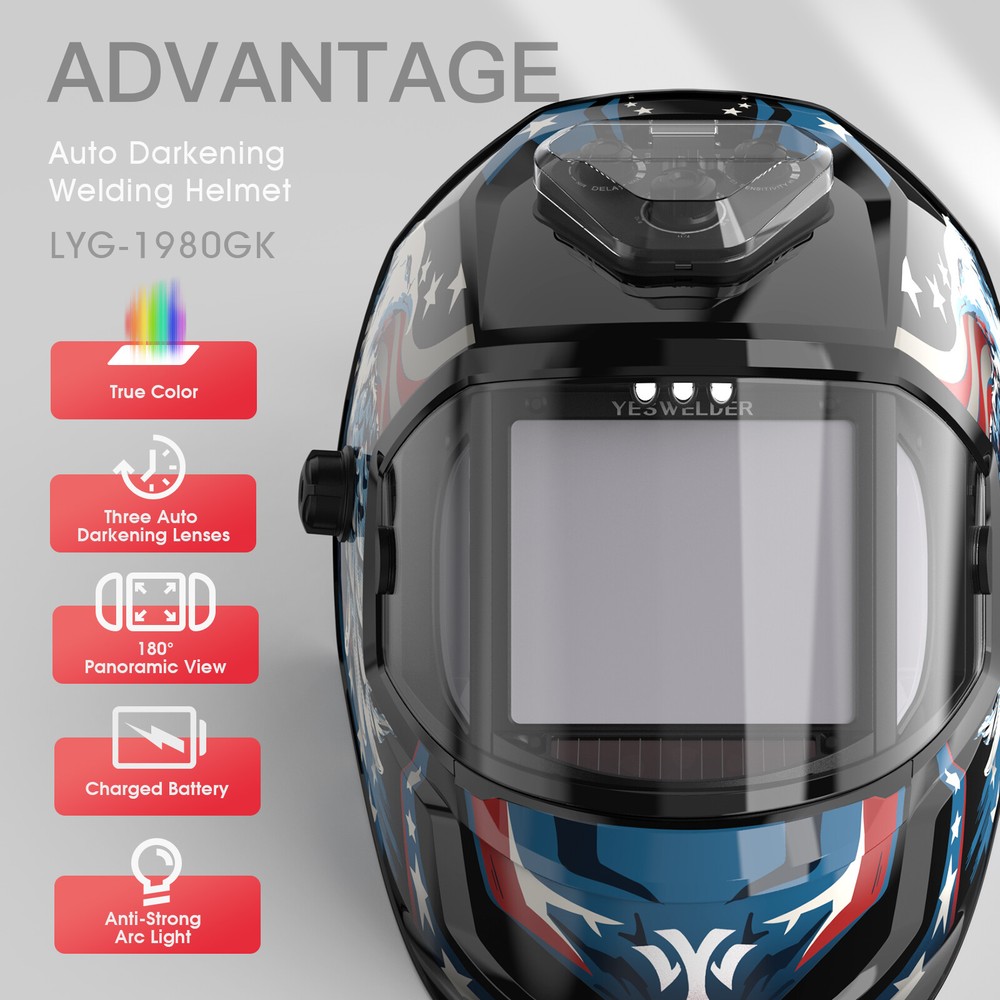 Panoramic View Auto Darkening Welding Helmet,True Color 6 Arc Sensor Welder Mask