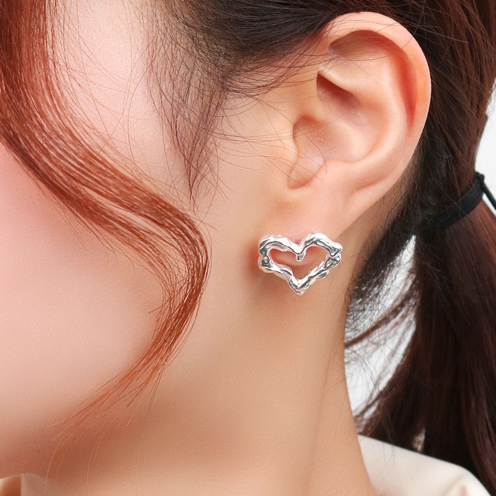 Sterling Silver 925 Open Heart Volume Stud Earrings (Pair)