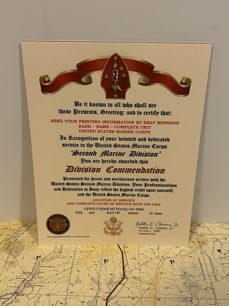 U.S.M.C. / 2ND MARINE DIVISION ~ DIVISION COMMENDATION REPLACEMENT CERTIFICATE