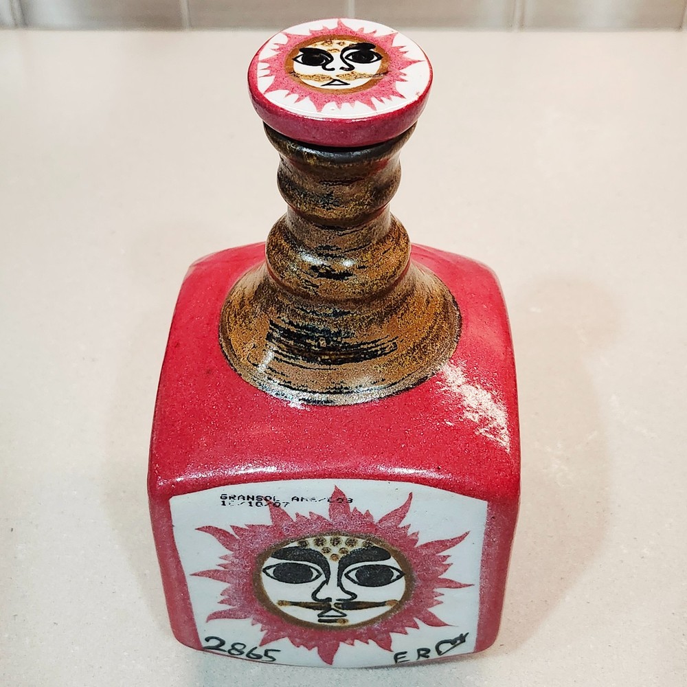 Tequila Mexican Pottery Empty Bottle Mustache Sun Design Signed Numbered