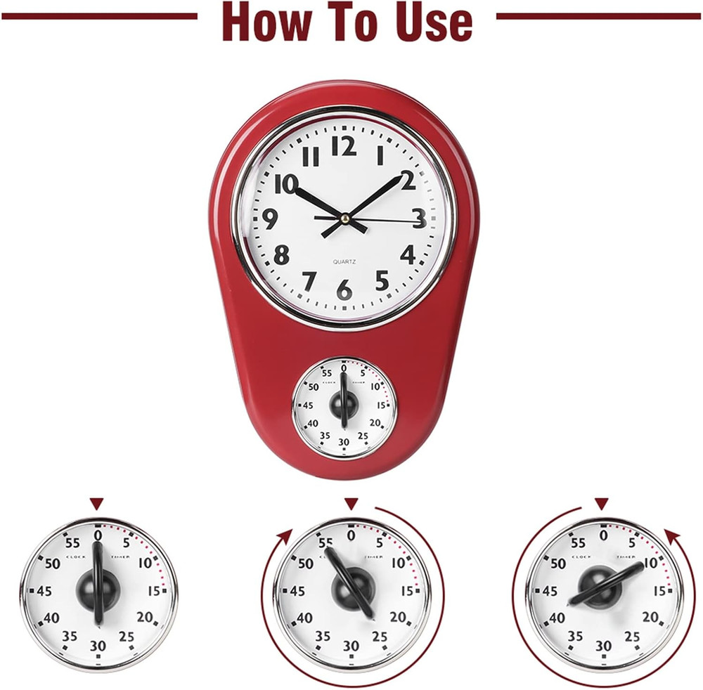 Retro Wall Clock, Vintage Kitchen Clocks, Hanging Clock Home Kitchen Timer Room