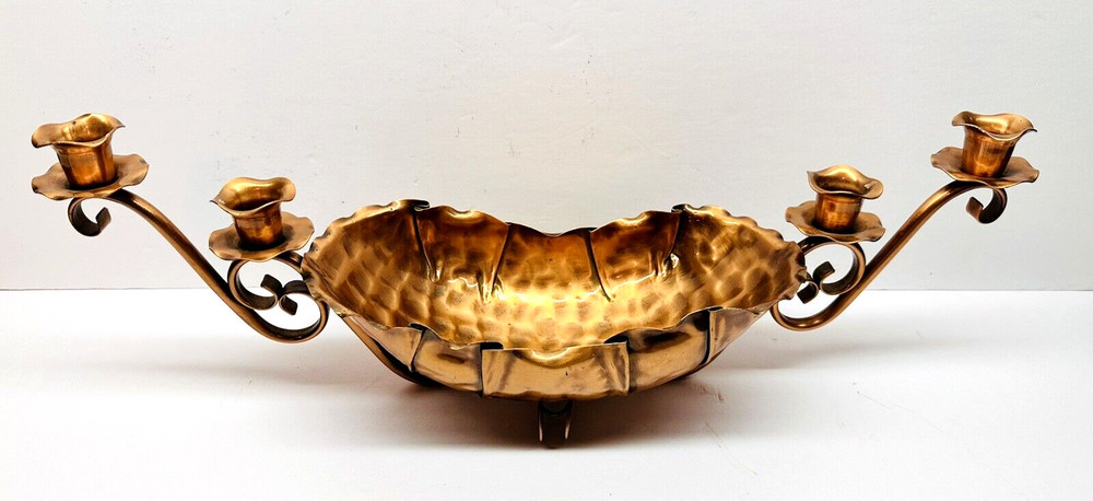 Vintage Gregorian Hammered Solid Copper Centerpiece Bowl Candle Holder 19" Long