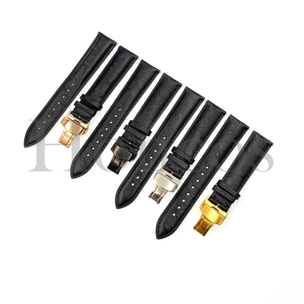 18-22MM Ostrich Leather Watch Band Black Strap Quick Release Pins Deployment