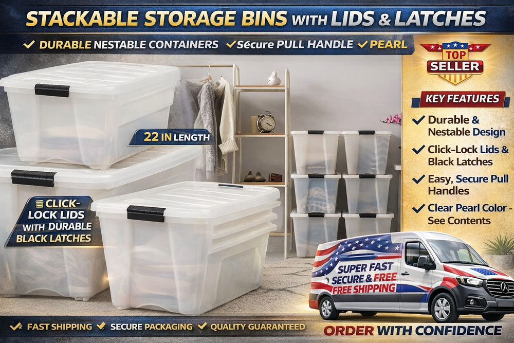 Stackable Storage Bins w/ Lids & Latches Durable Nestable Containers Pearl