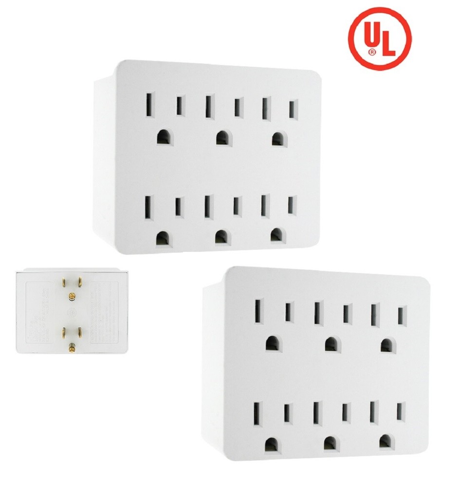 2 Pack WHITE 6 Outlet Electrical Power Grounded Wall Socket Taps Adapters TWO