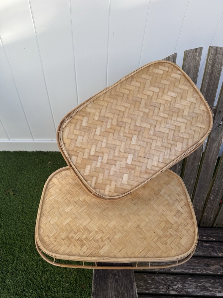 2 BAMBOO WICKER RATTAN RECTANGULAR SERVING LAP TRAYS