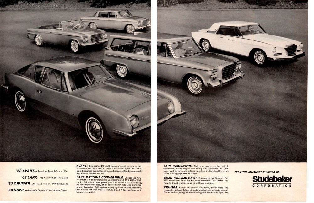 1963 STUDEBAKER AVANTI / LARK / CRUISER / LARK  ~  NICE ORIGINAL 2-PAGE AD