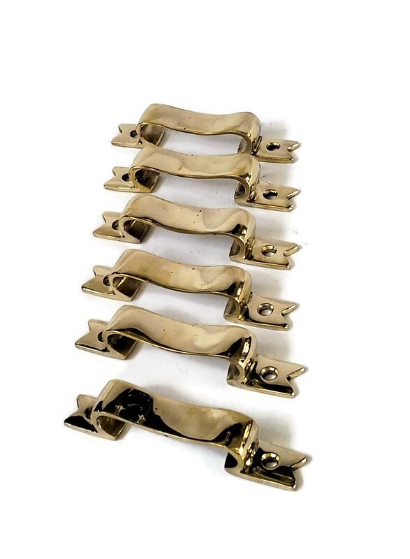 6 PULLS 4" handle heavy ribbon solid heavy brass old style kitchen GRAB 10 cm