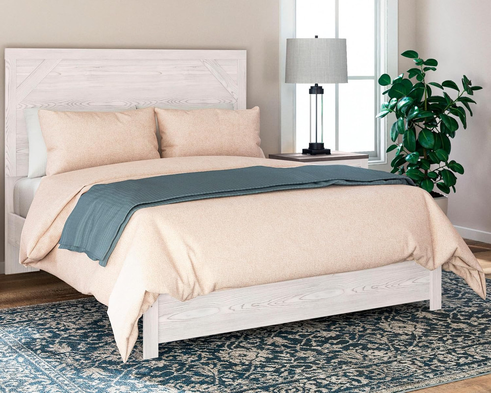 Gerridan Farmhouse Queen Panel Bed in White & Light Gray - No Box Spring Needed