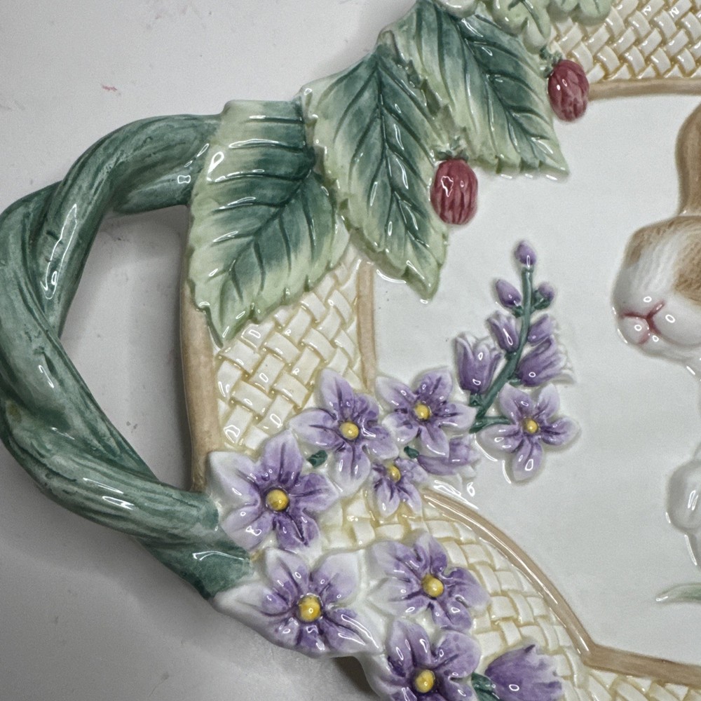 Fitz and Floyd Essentials Botanical Bunny 16" Platter w/ Handles Handpainted EUC