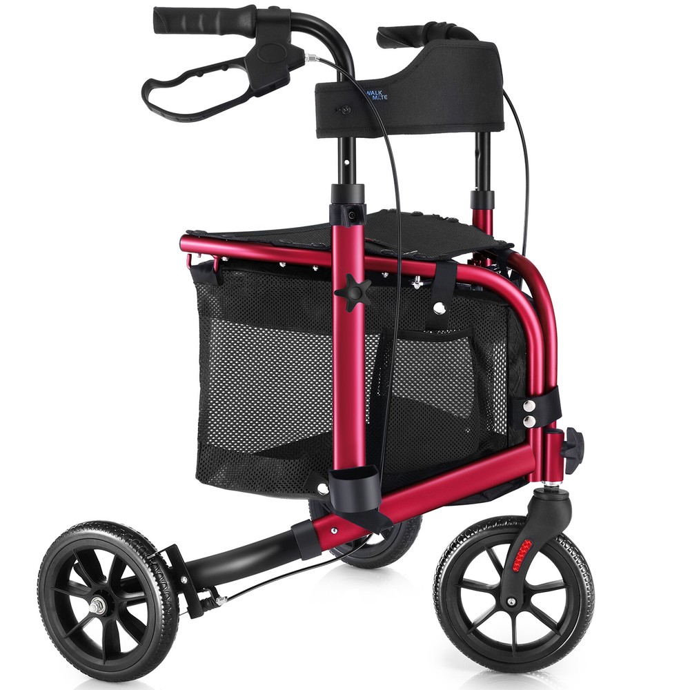 8" 3-Wheel Folding Rollator Walk Rolling Walker w/Adjustable Handle Storage Bag