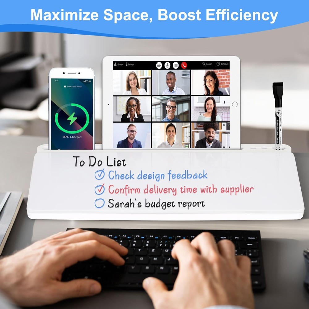 Desktop Glass Whiteboard with Storage, Desk White Board with Computer Keyboar...