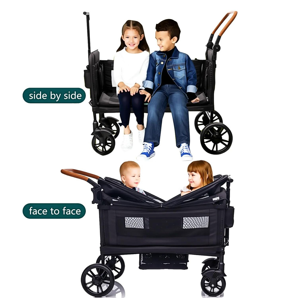 Luxury Wagon Stroller for 2 Kids & Cargo-Lightweight Foldable Travel Push Pull A