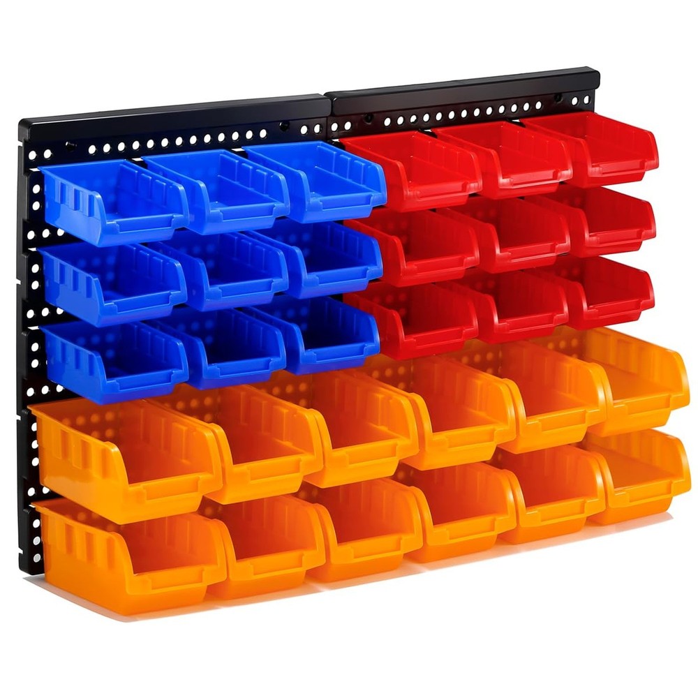 30-Bin Wall Mounted Storage Bins Kit, Tool Organizer Rack, Garage Hardware Or...