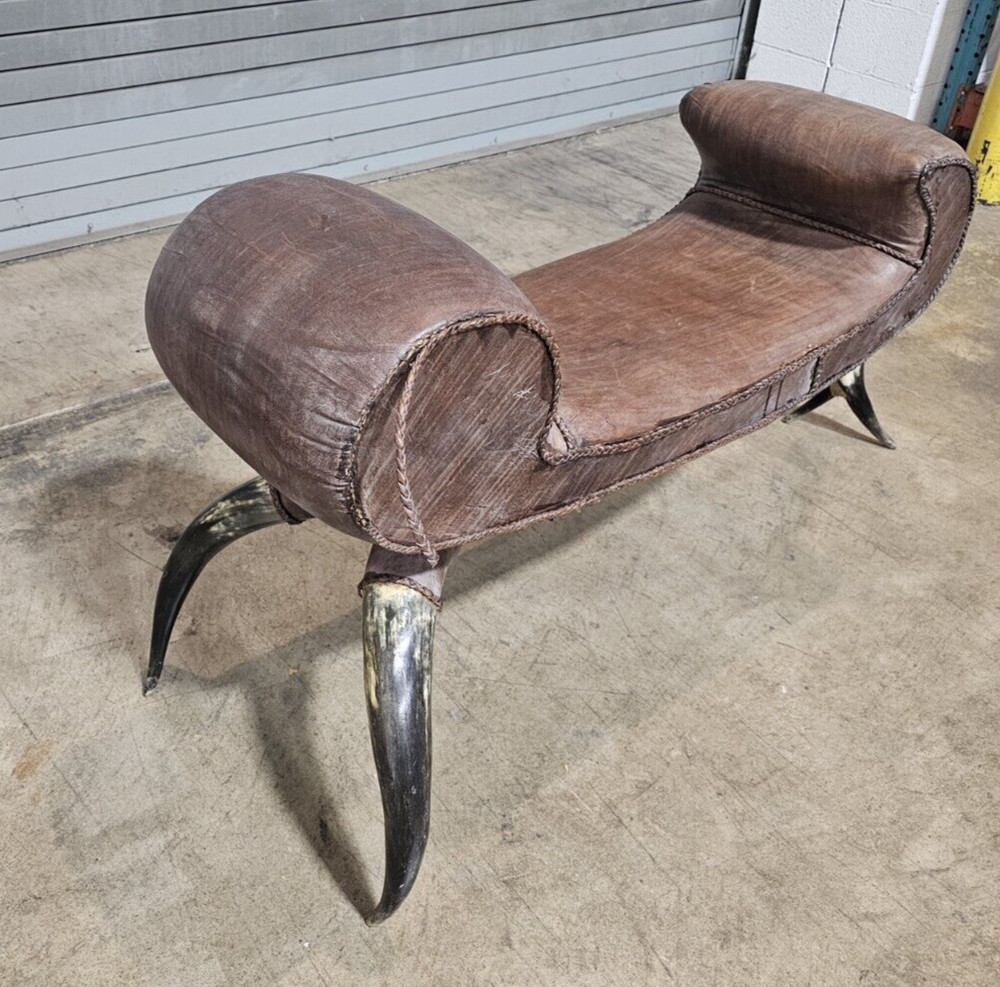 Western Style Leather and Horn Foot Rectangular Ottoman Bench Footstool