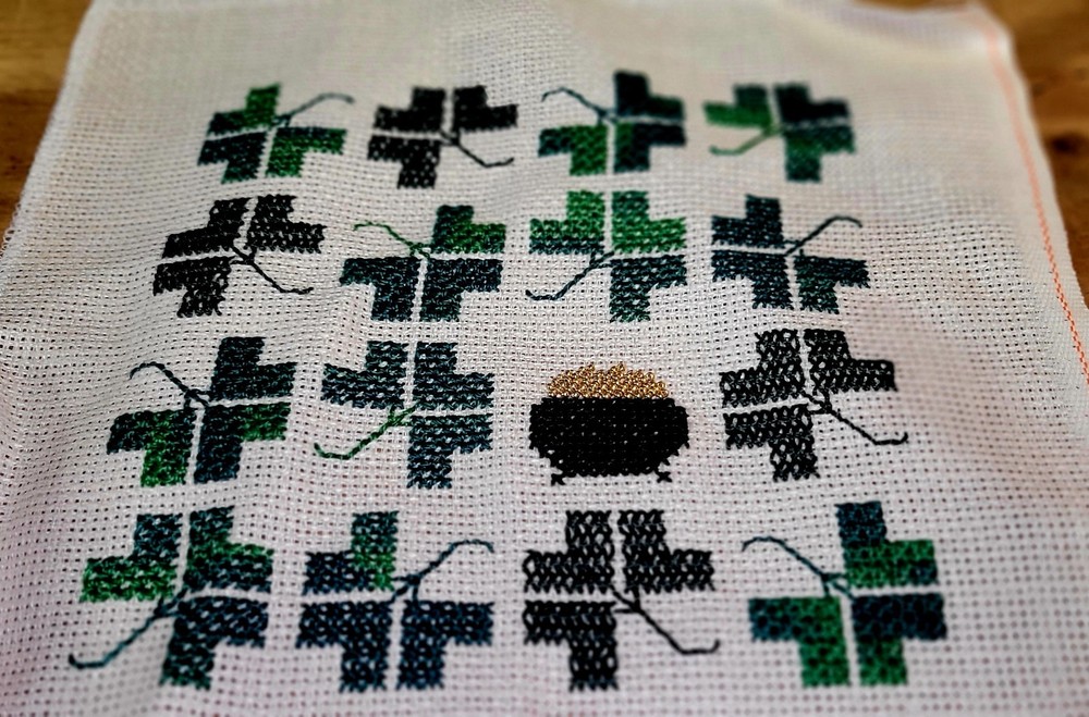 Hand Cross Stitched Irish Shamrock Pattern Design Complete