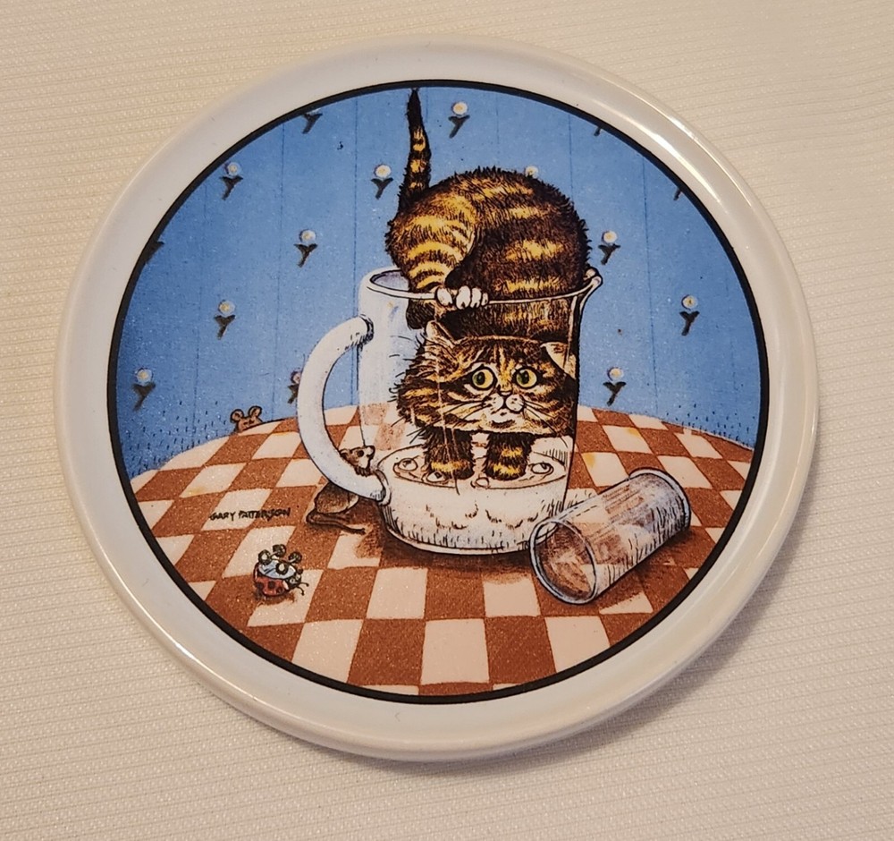 Gary Patterson Cat Cartoon 4 Coasters Ceramic Clay Design Rubber Bottom EUC