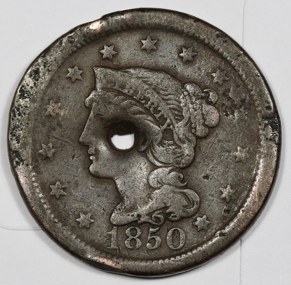 1850 Large Cent.  Center Holed.  212611