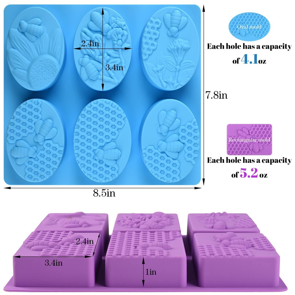 Sakolla 2 Pack Rectangular+Oval Honeycomb Bee Molds, Honeycomb/Purple & Blue