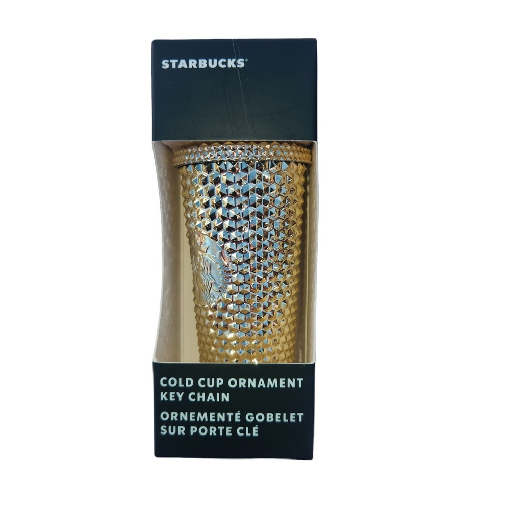 Starbucks Cold Cup Ornament Key Chain Gold Diamond Pattern