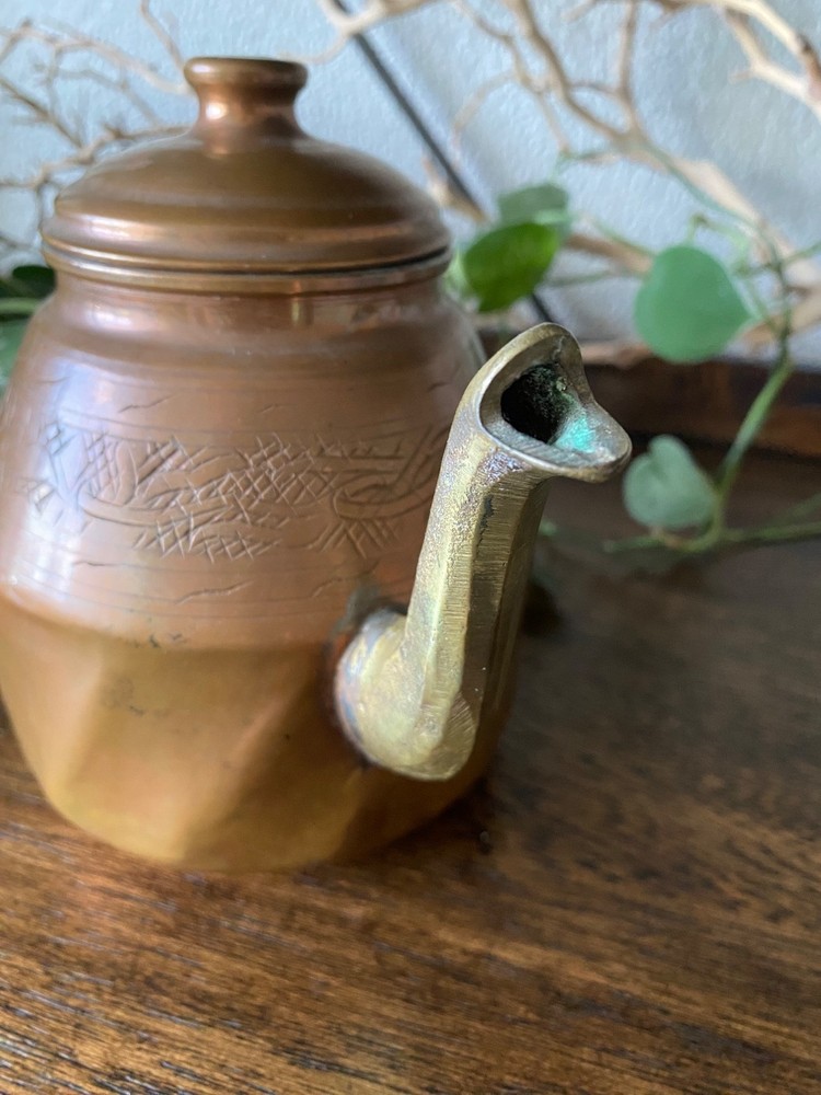 Vintage Etched Copper Tea Pot Kettle With Brass Handle