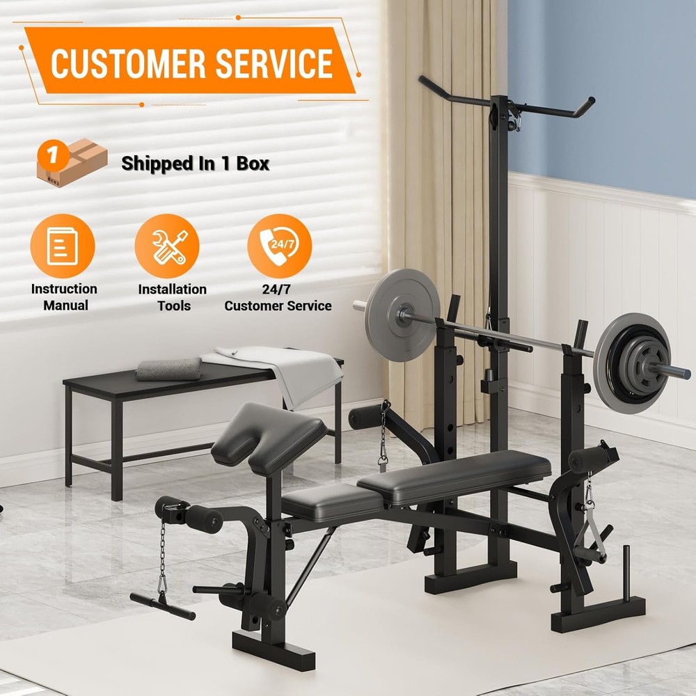 7-in-1 Adjustable Weight Bench with Squat Rack,Lat Pulldown & Leg Extension Home