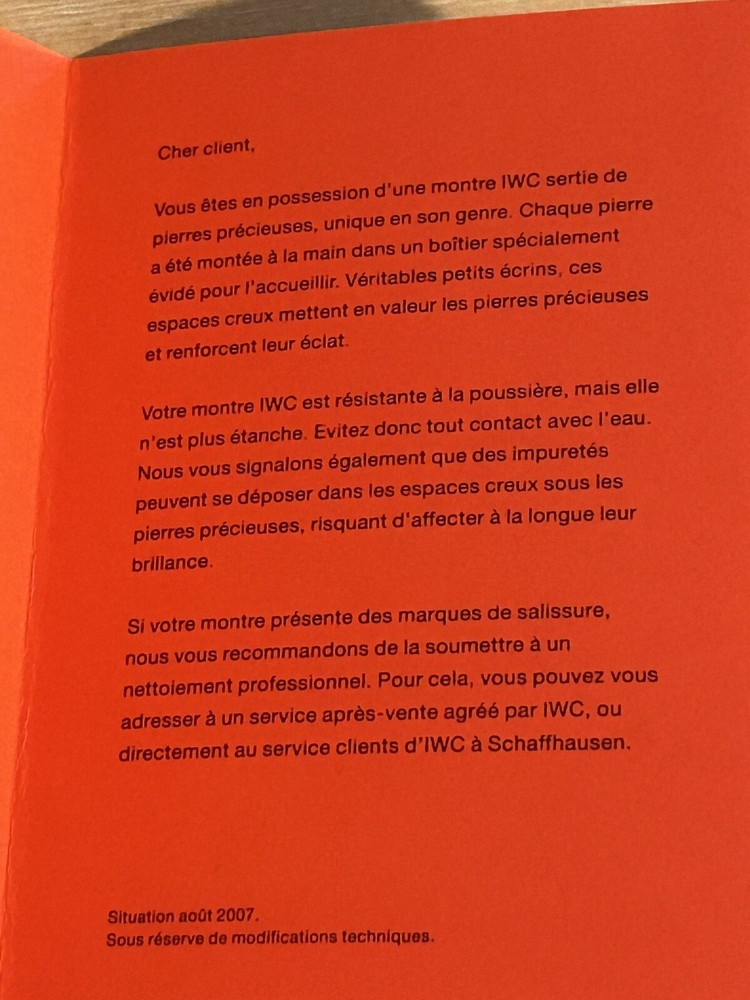 Authentic IWC Important Operating Instructions Note Regarding Dust and Water NOS