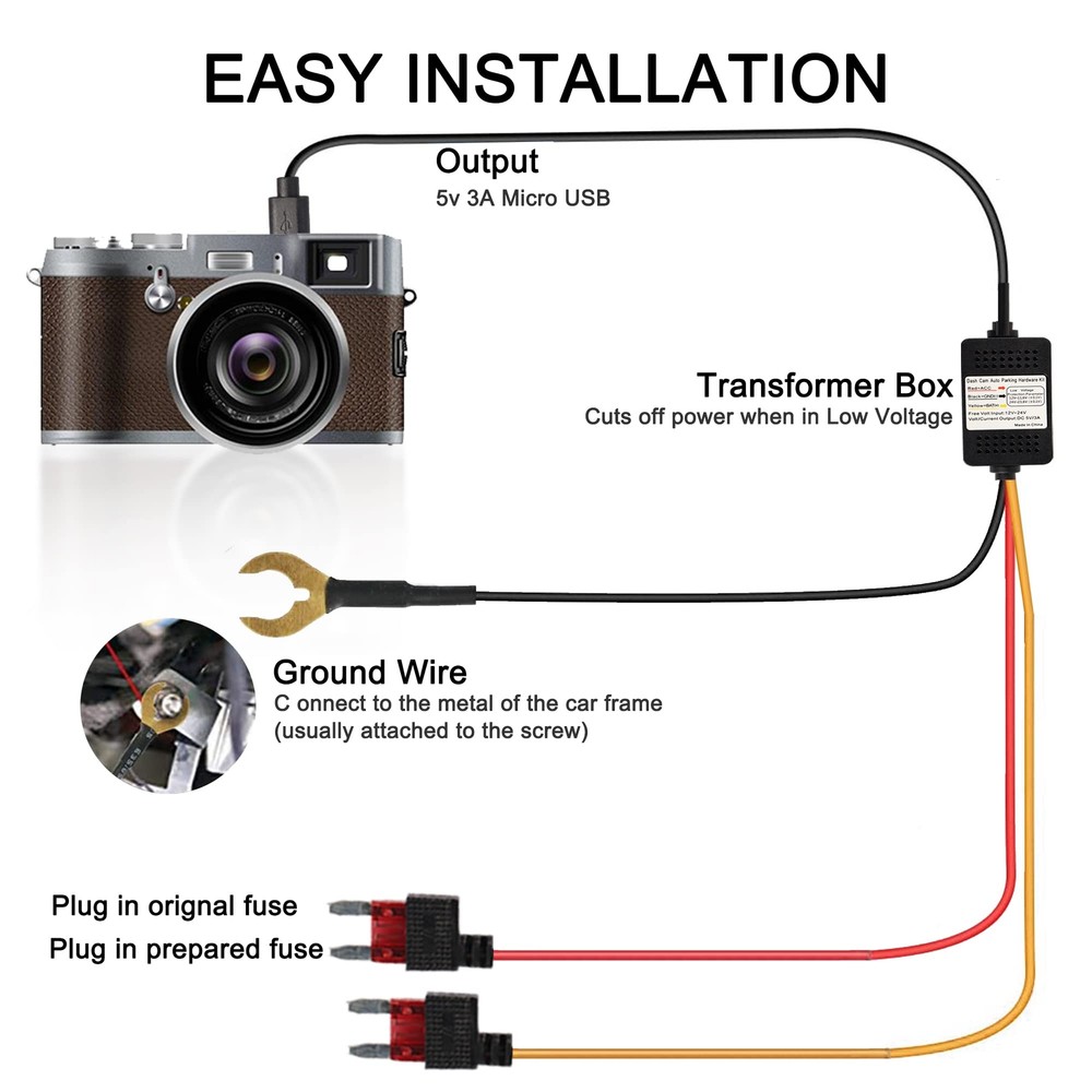 MEIRIYFA Dash Cam ACC Hardwire Kit Micro USB Hardwire Dashcam Kit Step-Down C...