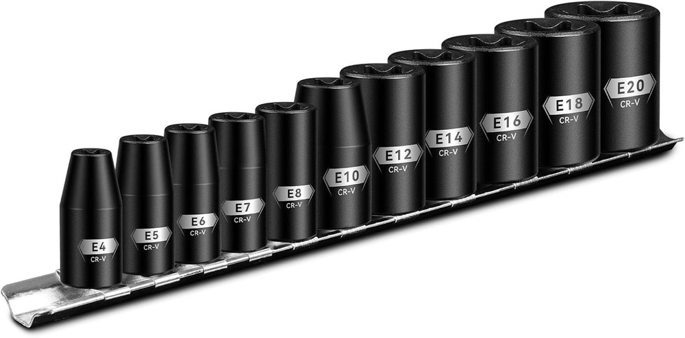 E Torx & Star Socket Set With Rail, 11-Piece Female External Sockets, E4-E20
