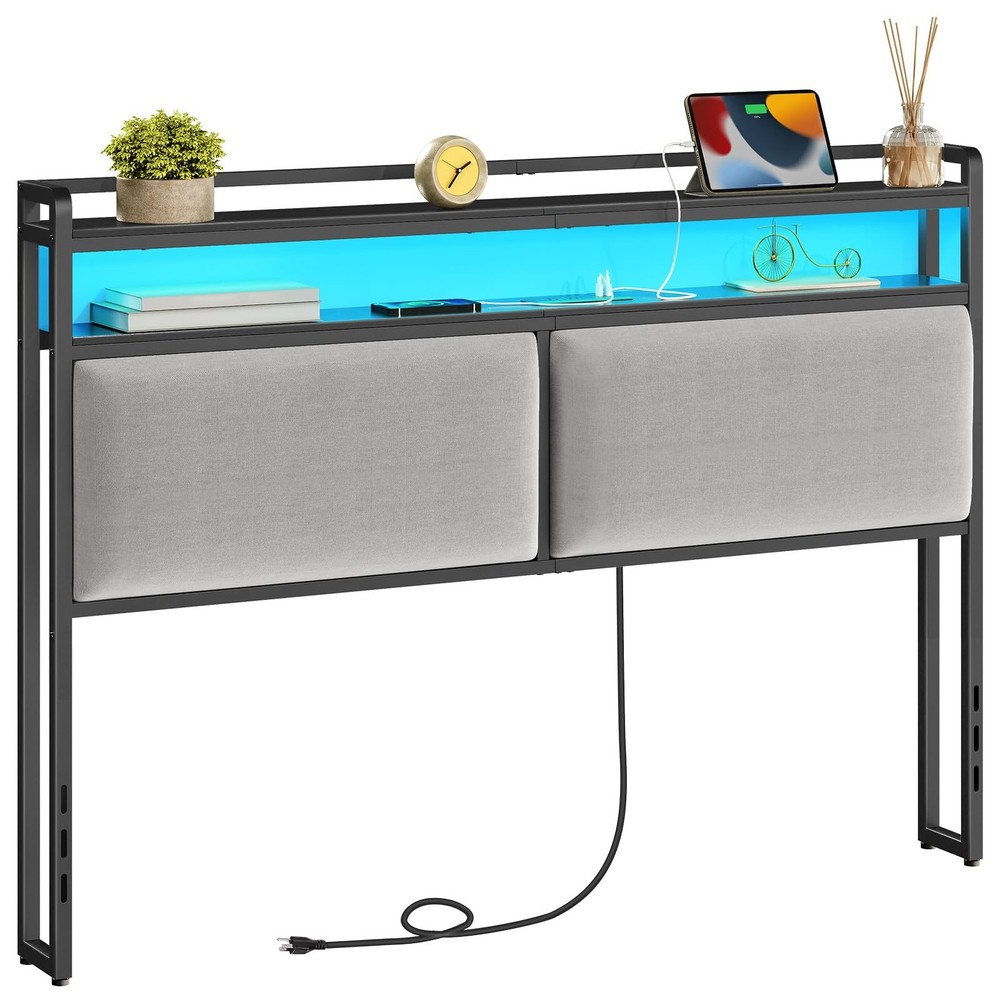 Queen Size Upholstered Headboard, Storage Headboard with Charging Station and...