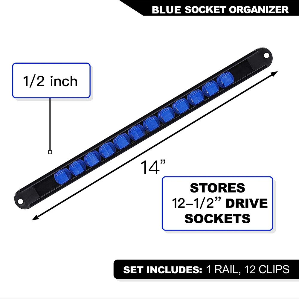 ABS Socket Organizer 1/2 3/8 1/4 inch Drive Socket Rail Holders Wall Mount Blue