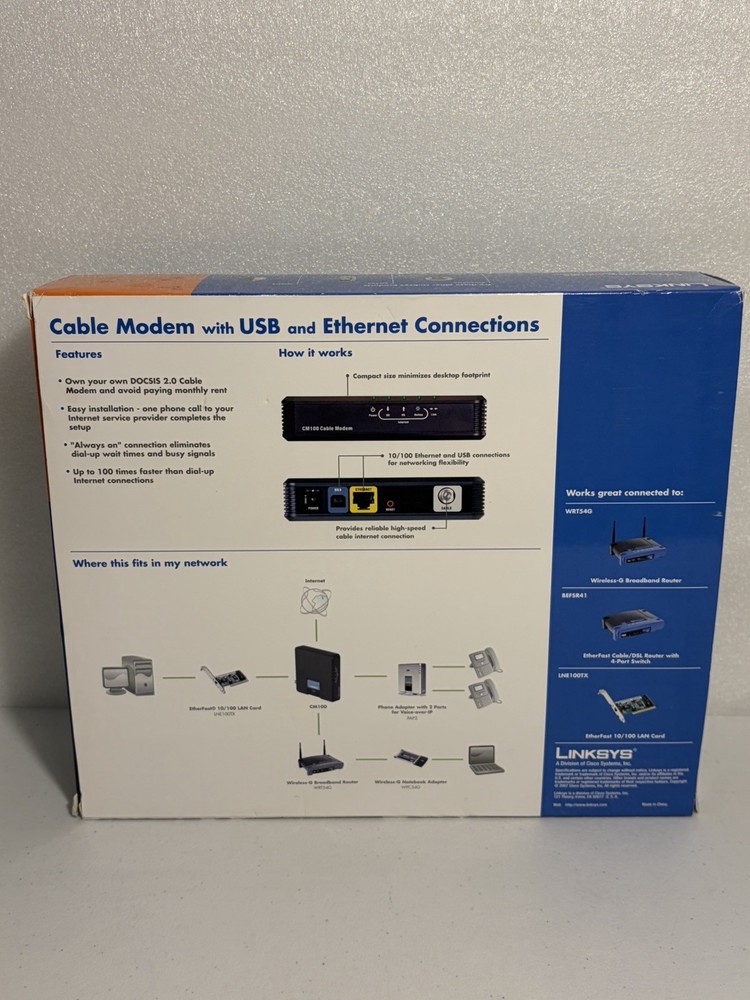 Cisco-Linksys Cable Modem with USB And Ethernet Connections Model #CM100