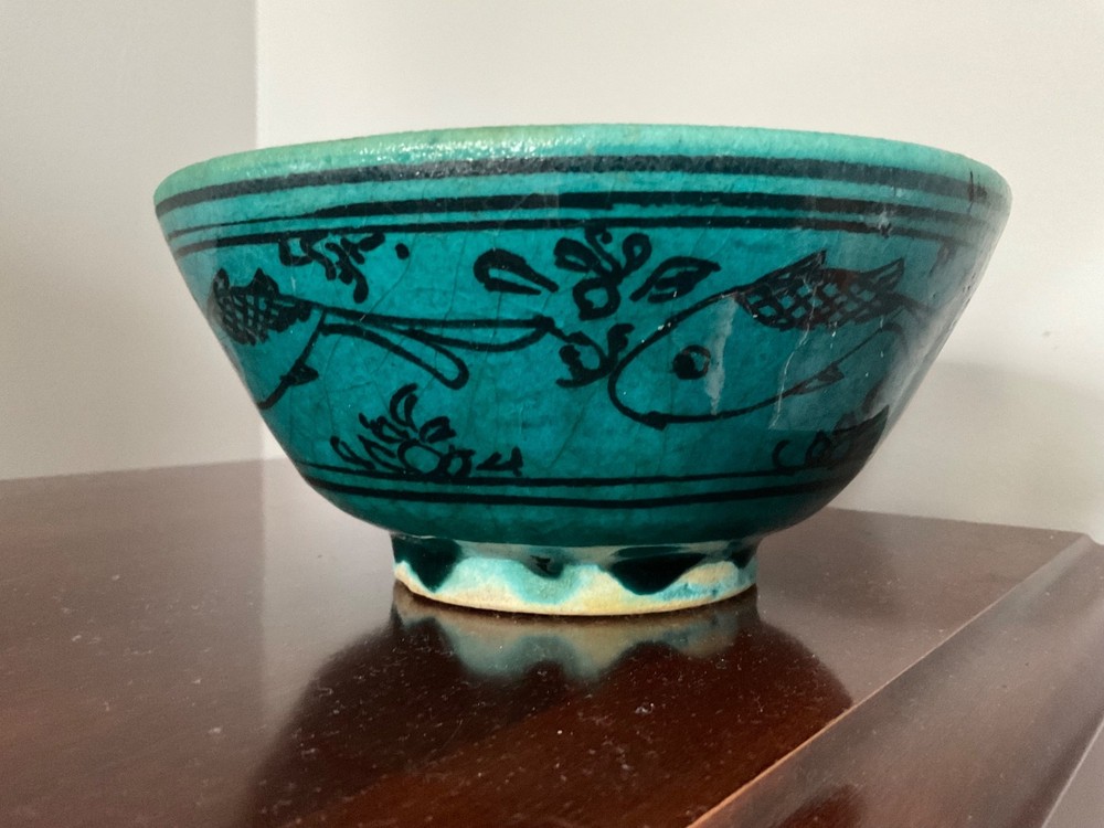 Antique Persian Blue Glazed Pottery Ceramic Footed Bowl Fish