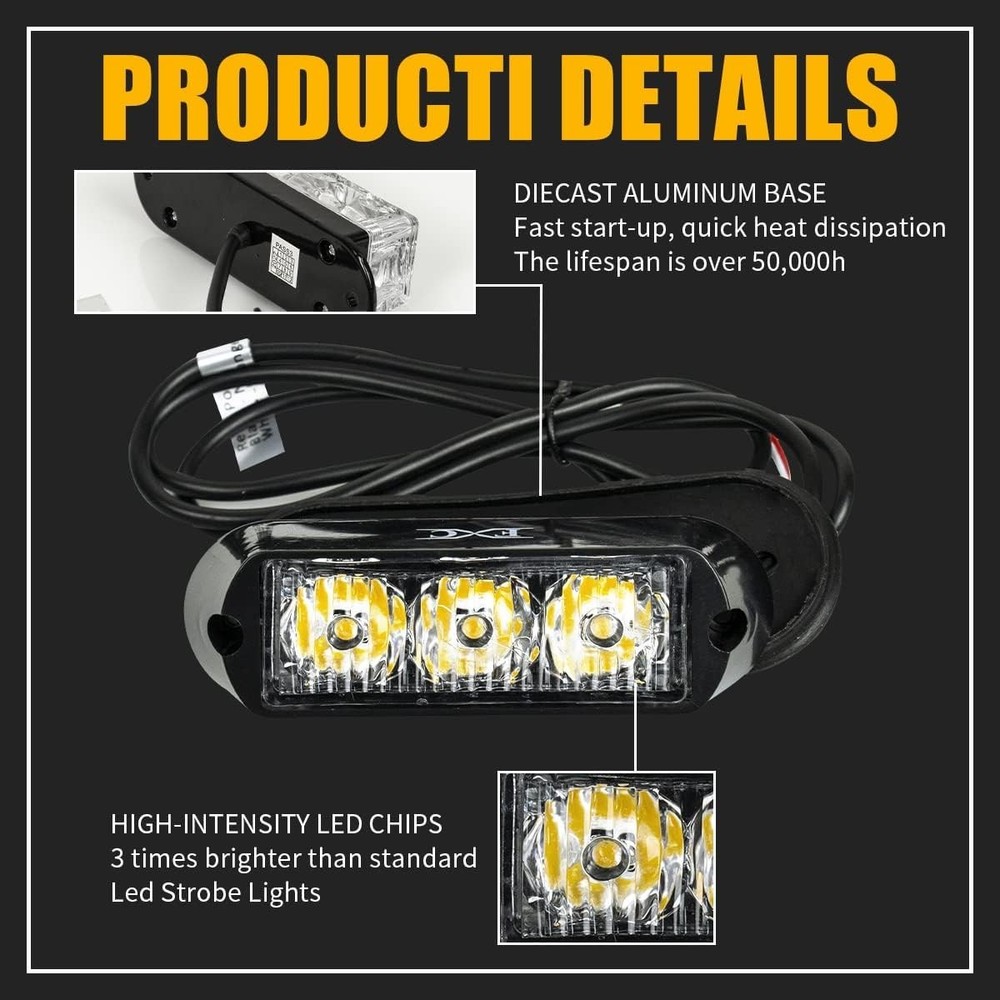 (2PCS 3-LED Strobe Lights Amber Waterproof Emergency Beacon Flash