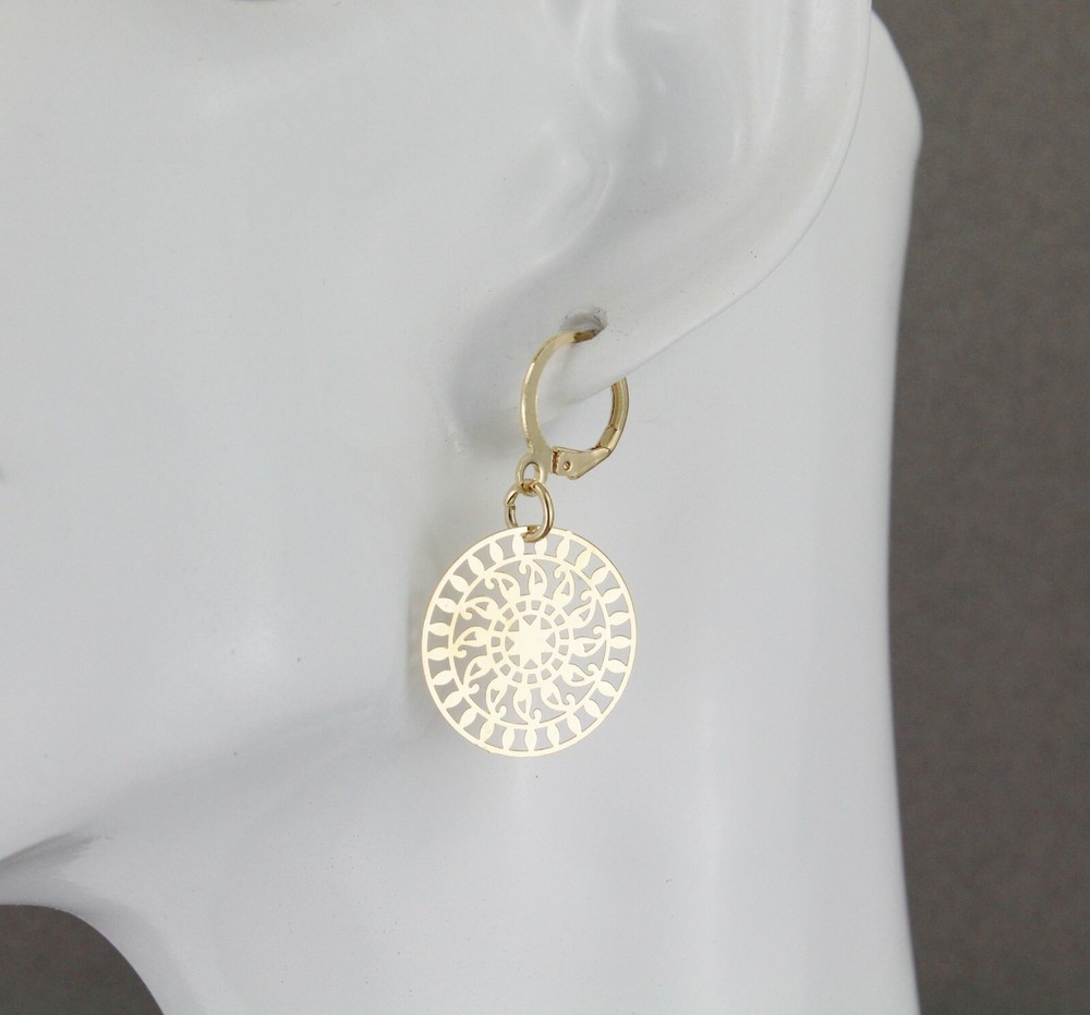 gold medallion earrings small filigree dangle 1.75" long leverback lightweight