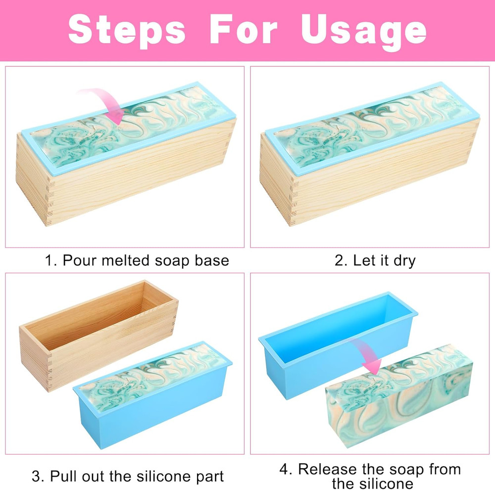 3 Pcs Soap Making Molds with Wood Box Tray, Flexible Rectangular Silicone Soap M