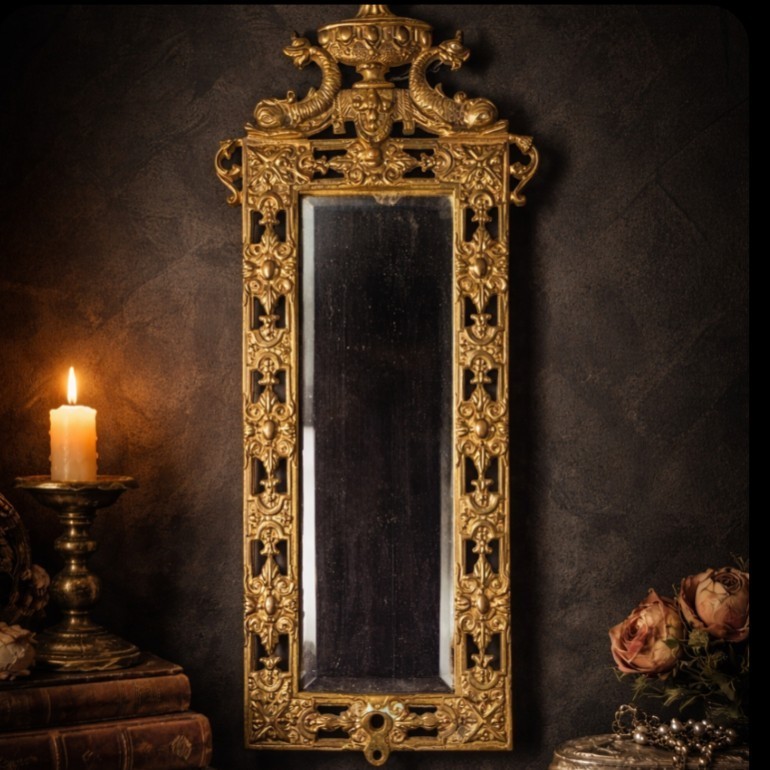 Antique Victorian Gilt Dolphin Wall Mirror Ornate Frame Missing Sconce Arms