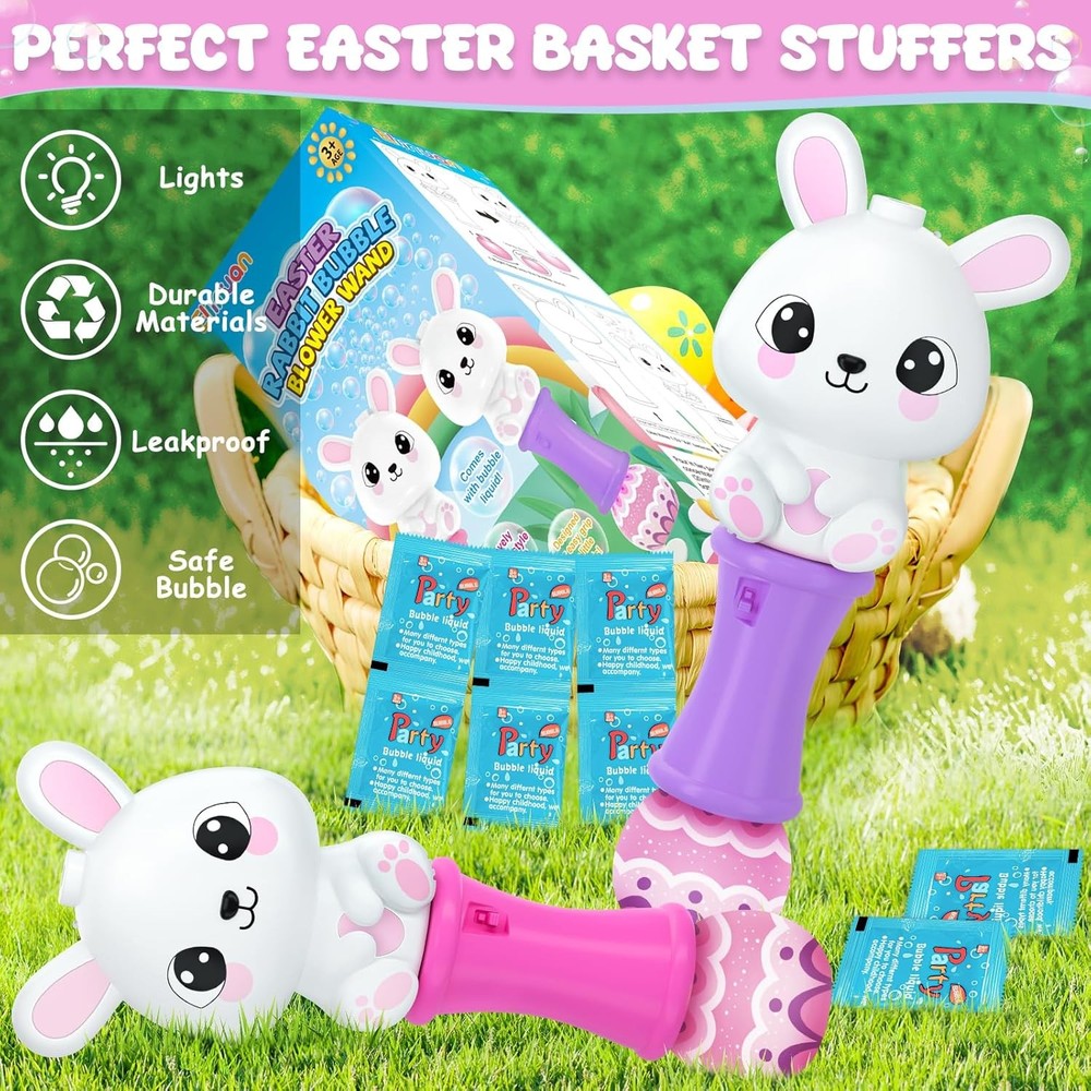 2 Pack Easter Bunny Bubble Wand for Kids, Automatic Bubble Machine with LED Ligh