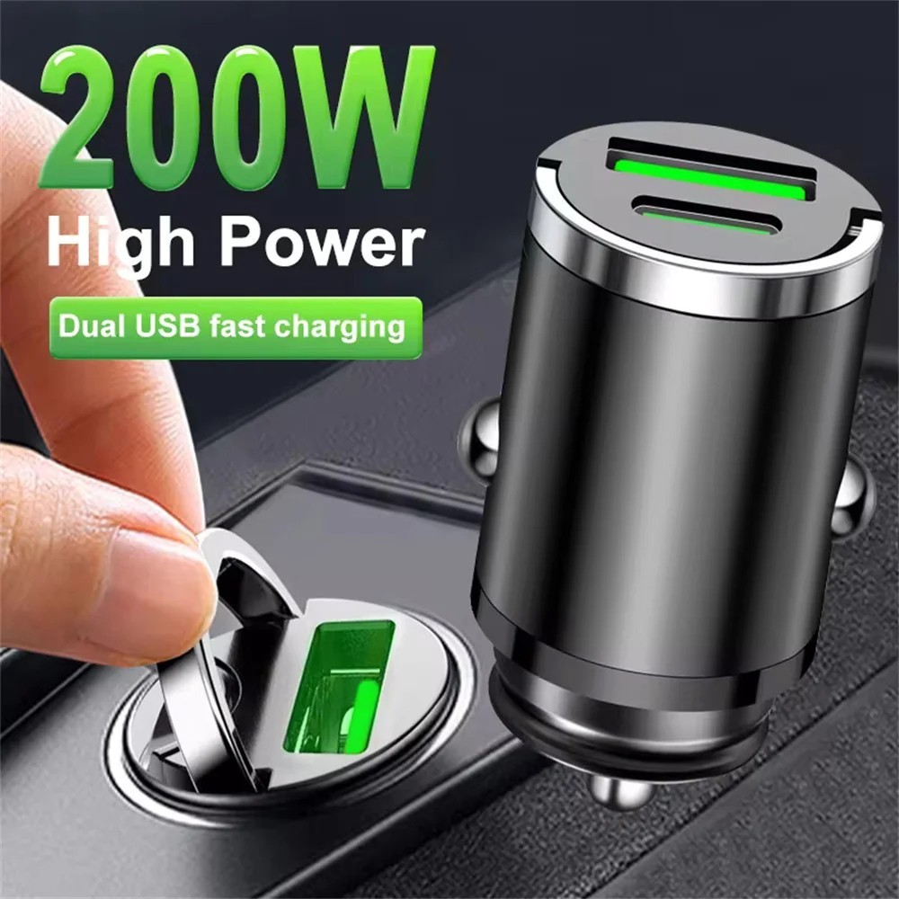 Dual USB Type-C PD Car Mini Charger 200W Fast Charge Adapter For iPhone Samsung